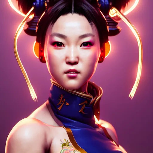 Image similar to portrait of chun li, au naturel, hyper detailed, digital art, trending in artstation, cinematic lighting, studio quality, smooth render, unreal engine 5 rendered, octane rendered, art style by klimt and nixeu and ian sprigger and wlop and krenz cushart.