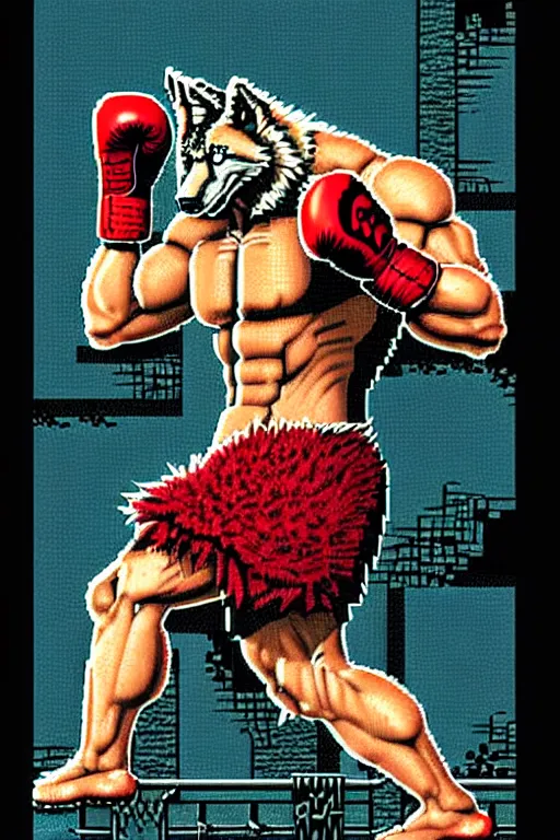 Prompt: extreme long shot. 8 bit nes graphics. antropomorphic muscular masculine wolf. kickboxer fighter, in shorts. wolf head. fine details, very sharp, art from nes game cartridge, ( vhs colors, vaporwave style ), marc simonetti and hermann nitsch