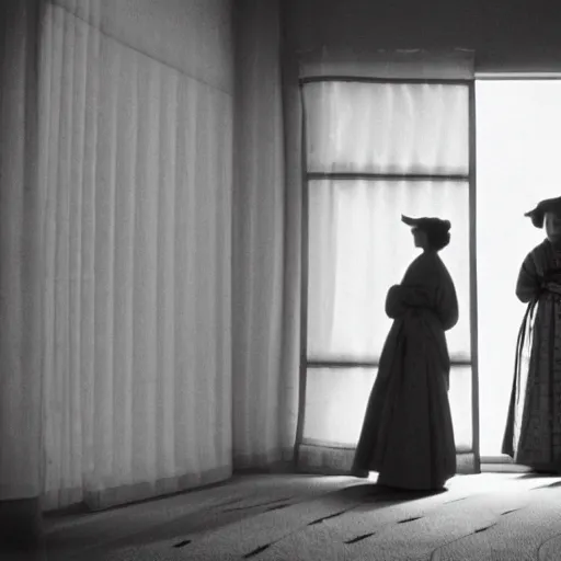 Image similar to woman in traditional hanbok waiting in living room while the shadow of a giant Kaiju-eiga starfish is behind the screen window, 35mm film still, monochrome Wes Anderson and Fritz Lang