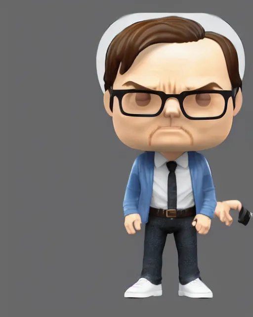 Image similar to full body 3d render of Dwight Schrute as a funko pop, studio lighting, white background, blender, trending on artstation, 8k, highly detailed