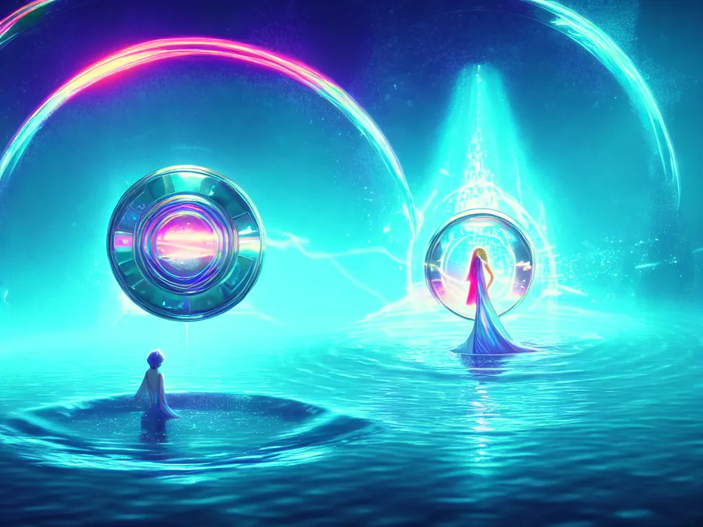 Prompt: beautiful artdeco digital illustration of one beautiful magical gleaming holographic portal to another world, in a lake, opening under the water, magical, ethereal, sci - fi, art, 8 k render octane high definition