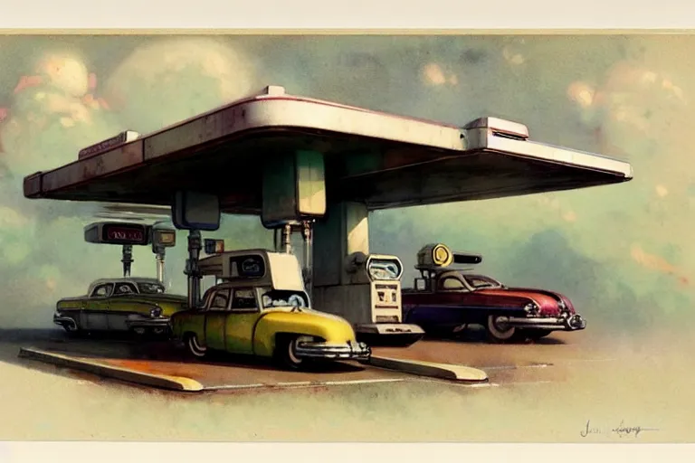 Image similar to ( ( ( ( ( 1 9 5 0 s retro science fiction gas station. muted colors. ) ) ) ) ) by jean - baptiste monge!!!!!!!!!!!!!!!!!!!!!!!!!!!!!!