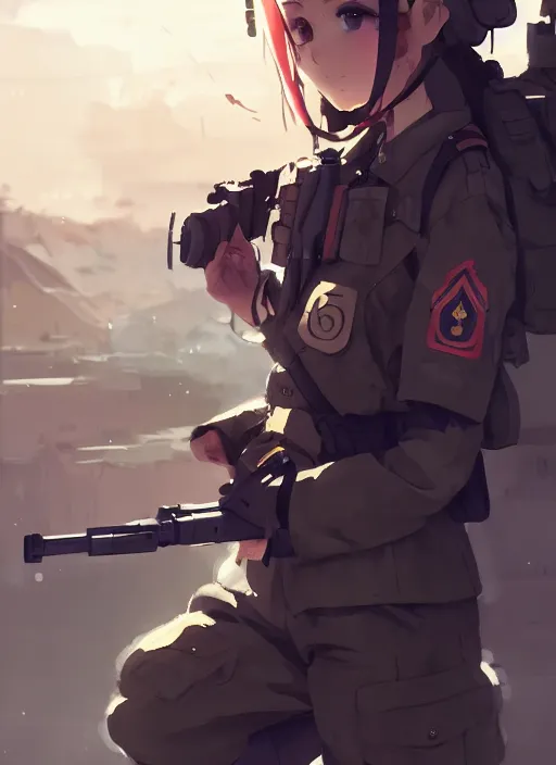 Image similar to portrait of cute soldier girl, black sky background urban landscape illustration concept art anime key visual trending pixiv fanbox by wlop and greg rutkowski and makoto shinkai and studio ghibli and kyoto animation soldier clothing military gear realistic anatomy mechanized german shepard