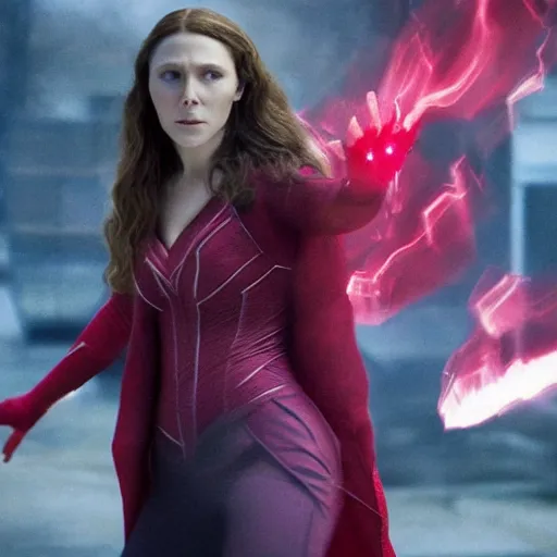 Image similar to a leaked film portrait still of scarlet witch from the avengers secret wars. realism, cinematic lighting, 4 k. 8 mm. grainy. panavision. photorealistic cinematic lighting, gritty atmosphere,