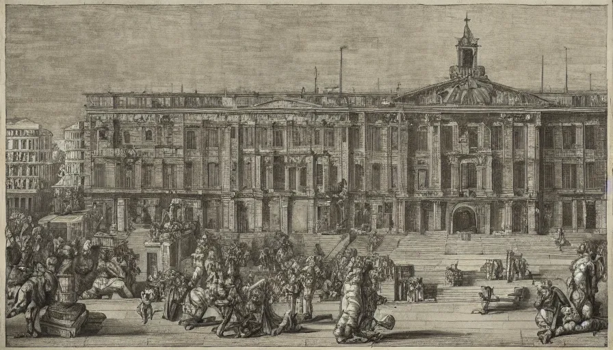 Image similar to a huge square with non euclidian building, by piranesi, high quality, high detailed