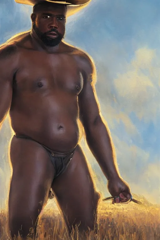 Prompt: a beautiful dramatic epic painting of a thicc black man | he is shirtless and wearing a cowboy hat and leather straps | prairie setting | homoerotic, highly detailed, dramatic lighting | by Mark Maggiori, by William Herbert Dunton, by Charles Marion Russell | trending on artstation