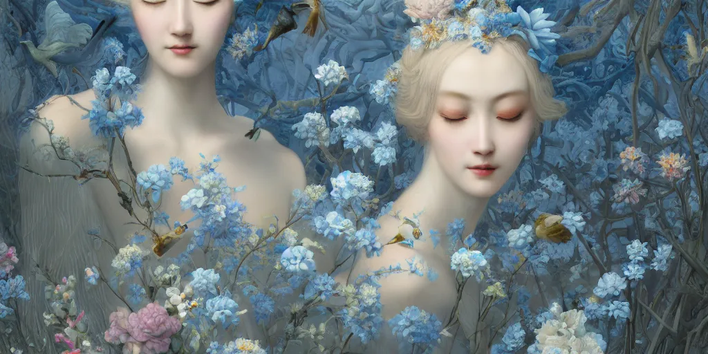 Prompt: breathtaking detailed concept art painting art deco pattern of blonde faces goddesses amalmation light - blue flowers with anxious piercing eyes and blend of flowers and birds, by hsiao - ron cheng and john james audubon, bizarre compositions, exquisite detail, extremely moody lighting, 8 k