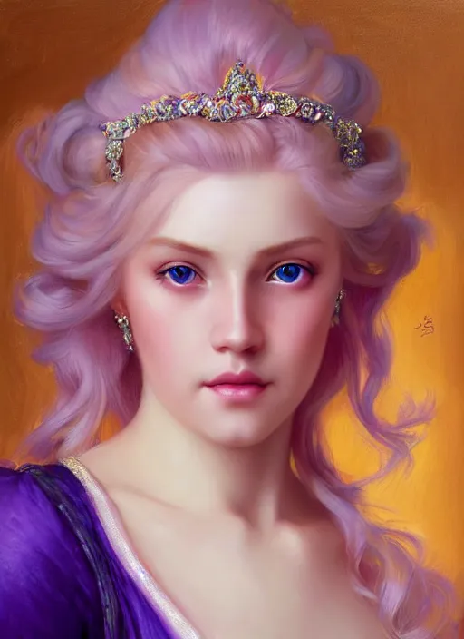 Image similar to peach princess, blonde hair, bright purple ball gown, beautiful face, oil on canvas, art station, beautiful brown eyes, by j. c. leyendecker and edmund blair leighton and charlie bowater, beautiful face, octane, very aesthetically pleasing, stunning beautiful blue eyes, realistic hair