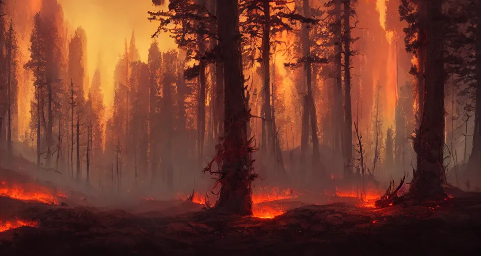 Image similar to landscape, intense forest fire, super intense, dramatic lighting, cinematic, by WLOP, eddie mendoza, simon stålenhag, raphael lacoste, extremely high detail, photo realistic, cinematic lighting, post processed, concept art, trending on artstation, matte painting