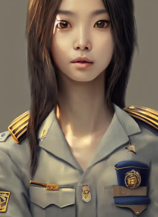 Image similar to portrait of angelababy, futuristic hong kong police uniform girl, au naturel, hyper detailed, digital art, trending in artstation, cinematic lighting, studio quality, smooth render, unreal engine 5 rendered, octane rendered, art style by klimt and nixeu and ian sprigger and wlop and krenz cushart