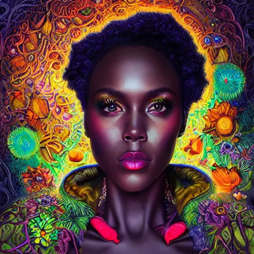 Image similar to portrait of dewanda wise, hyper detailed masterpiece, neon floral pattern, jean giraud, digital art painting, darkwave goth aesthetic, psychedelic, artgerm, donato giancola and tom bagshaw