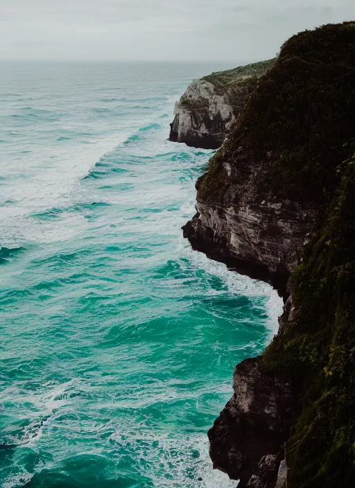 Image similar to a view of the ocean from a cliff, a tilt shift photo by liam wong, unsplash, naturalism, cinematic view, terragen, shot on 7 0 mm