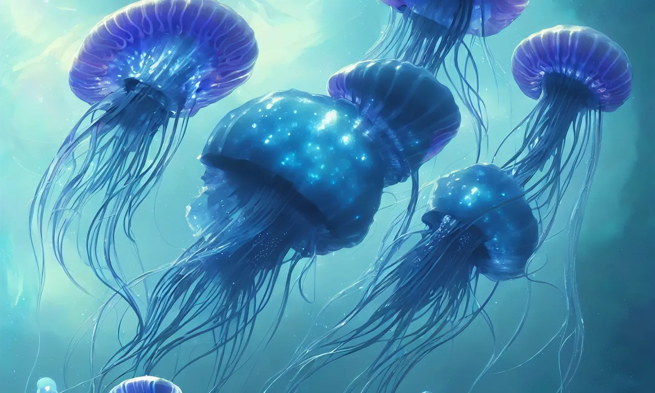 Image similar to detailed jellyfish in space, blue tones, underwater, full frame, highly detailed, digital painting, artstation, concept art, smooth, sharp focus, illustration, art greg rutkowski and alphonse mucha