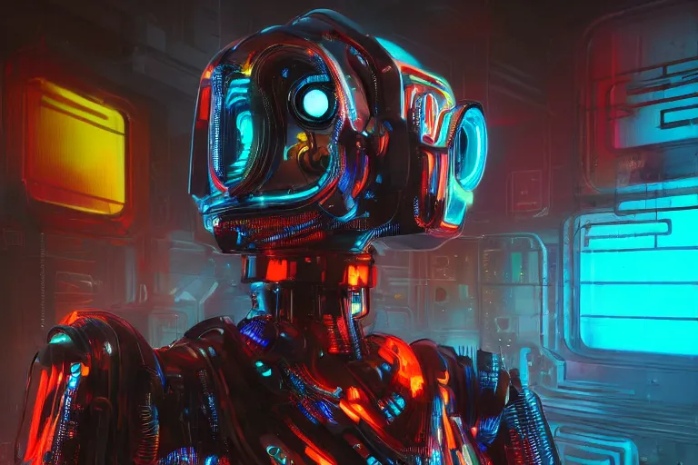 Prompt: 3D render of a retropunk cyberpunk humanoid futuristic sci-fi robot, neon lights, in the style of Daniel Dociu, dramatic lighting, vibrant colors, Trending on Artstation HQ, 4K, UHD, High quality, Unreal Engine
