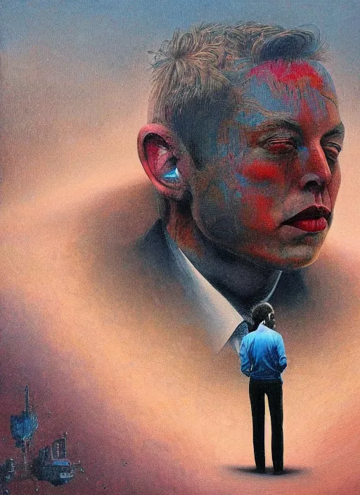 Image similar to A painting of Elon Musk in style of Beksinski. Very detailed