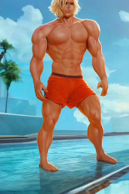 Prompt: a handsome man with blonde hair, ken doll, male android, muscular, wearing a cut-off white top and short light orange shorts, stands by a swimming pool, facing forward, in the style of artgerm and moebius and annie liebovitz, photorealistic, highly detailed, trending on artstation