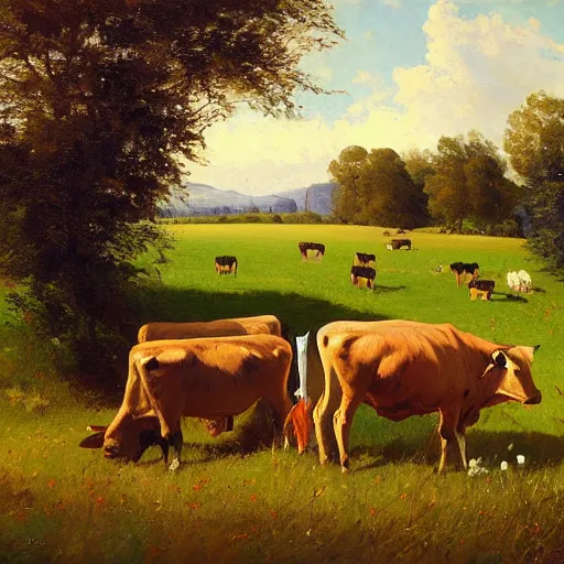 Prompt: a pastoral, bucolic painting of cattle grazing in a field by ludek marold, a painting featured on deviantart, american scene painting, ilya kuvshinov, impressionism, oil on canvas