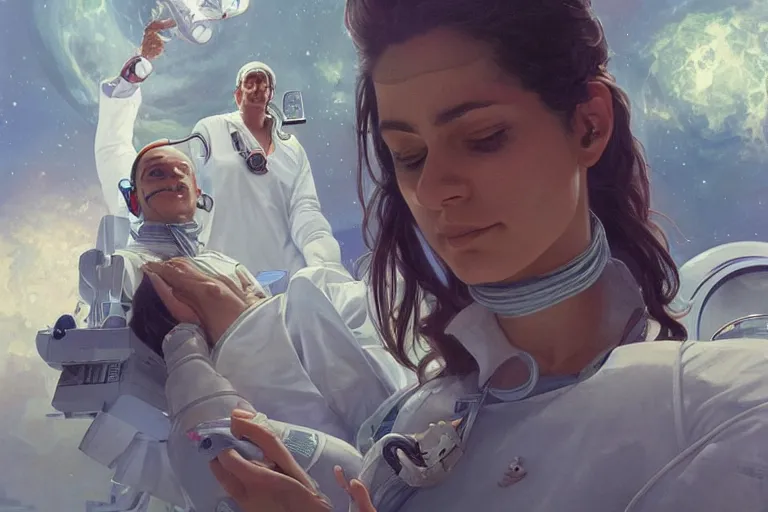 Image similar to Exhausted good looking pale young Indian doctors wearing jeans in a space station above Earth performing surgery, portrait, elegant, intricate, digital painting, artstation, concept art, smooth, sharp focus, illustration, art by artgerm and greg rutkowski and alphonse mucha