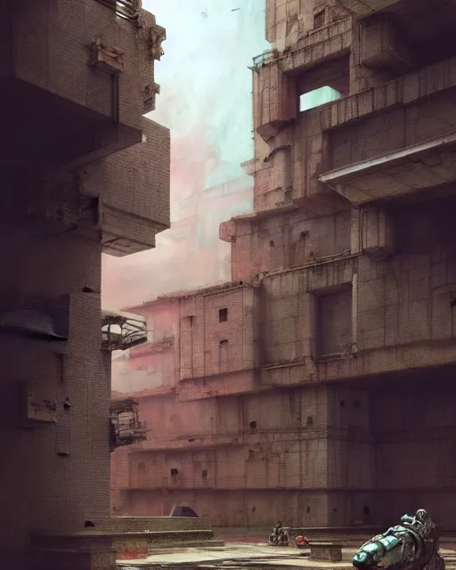 Image similar to hyperrealistic 3d render high quality baroque mecha!! iridescent pink brutalist city ruins background concept art vray! santiago caruso de chirico sharp cinematic light 8k low angle shallow depth of field