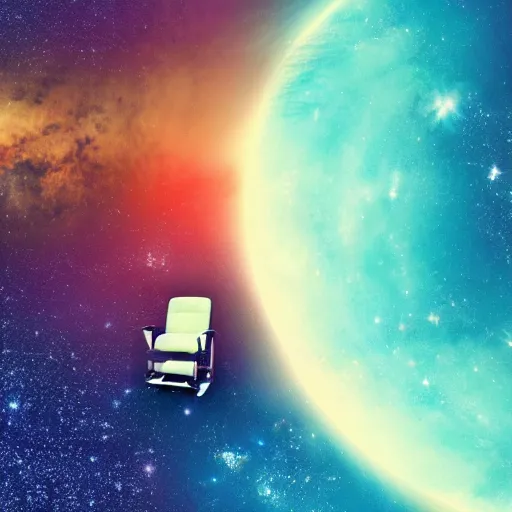 Prompt: a person floating out of their recliner chair, dramatic galaxy background scene, stars planets suns