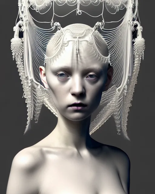 Prompt: dreamy soft luminous bw 3 d octane render, beautiful spiritual angelic biomechanical mandelbrot fractal albino girl cyborg with a porcelain profile face, very long neck, halo, rim light, big leaves and stems, fine foliage lace, alexander mcqueen, art nouveau fashion pearl embroidered collar, steampunk, silver filigree details, hexagonal mesh wire, elegant