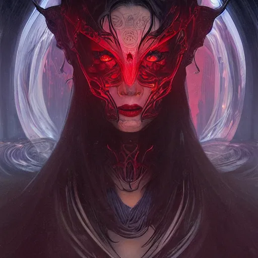 Image similar to Portrait of a dark witch, dark filaments, red glowing eyes, menacing, intimidating, frightening, intricate, headshot, highly detailed, digital painting, artstation, concept art, sharp focus, cinematic lighting, illustration, art by artgerm and greg rutkowski, alphonse mucha, cgsociety