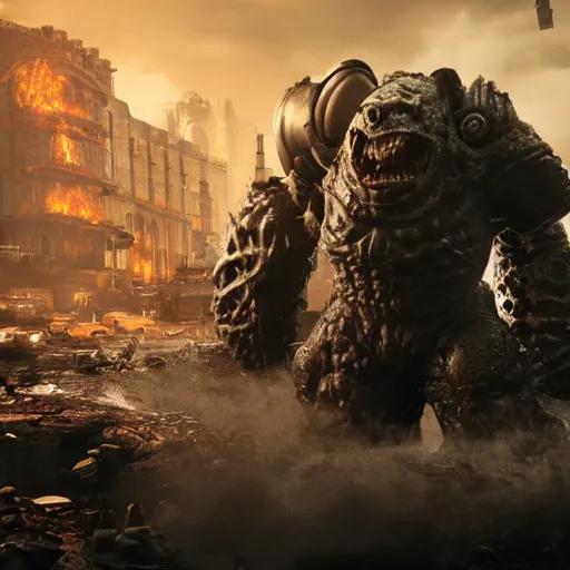 Image similar to evil large spongebob monster in gears of war, splash art, movie still, detailed face, photorealistic facial features, cinematic lighting, dramatic, octane render, long lens, shallow depth of field, bokeh, anamorphic lens flare, 8 k, hyper detailed, 3 5 mm film grain