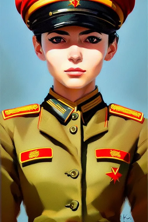 Image similar to a ultradetailed beautiful panting of a stylish woman wearing a soviet uniform, oil painting, by ilya kuvshinov, greg rutkowski and makoto shinkai, trending on artstation