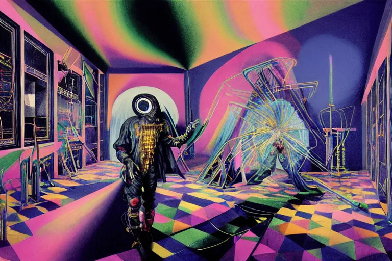 Prompt: a highly detailed beautiful masterpiece painting of a technomancer wizard in dazzle camouflage robes with pointed hood tampering with the world engine in his laboratory near a computer by Remedios Varo and Anato Finnstark and Greg Rutkowski and Andy Warhol, dayglo pink, dayglo blue, prismatic, pearlescent white, raven black, hyperrealism, 8k, trending on ArtStation, rendered in Octane, rendered in Unreal engine, award winning, volumetric lighting