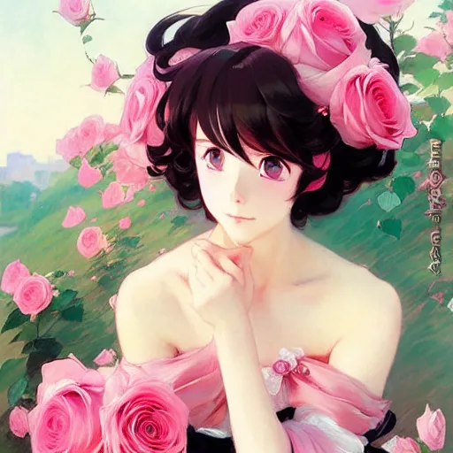 Image similar to beautiful rose anime pink - hair girl in elegent black dress, laying on roses, krenz cushart, mucha, ghibli, by joaquin sorolla rhads leyendecker, by ohara koson