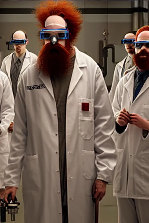 Image similar to a person with 3 eyes, person with a 3rd eye in the middle of their forehead, an awkwardly tall scientist with 3 eyes and a tangled beard and unruly red hair atop his balding head wearing a labcoat and welding goggles and holding a beaker, high resolution film still, movie by Ivan Reitman