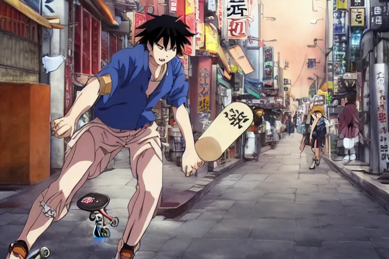 Prompt: a beautiful anime of conan running towards freedom on a skateboard on the streets of beikacho, tokyo, anime, japan, by aoyama gangchang.