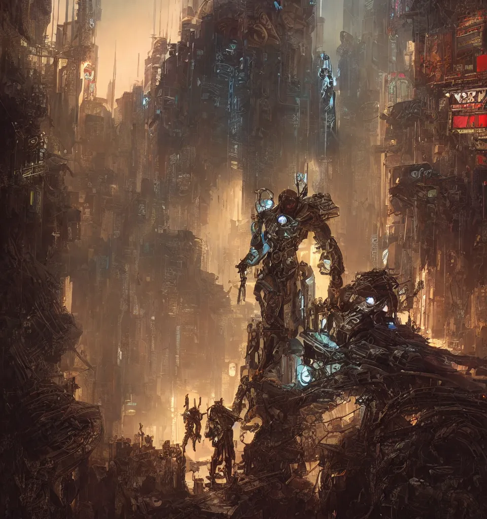 Image similar to cyberpunk gladiator, cinematic, highly detailed, octane render, cg, rich cinematic atmosphere, perfect digital art, mystical journey in strange world, Mystical, cyberpunk, tech war, sci-fi, surreal, glowing lights, sharp focus, high detailed, by Akihiko Yoshida, michael whelan and Karol Bak