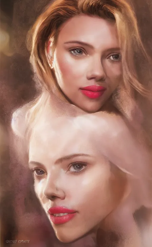 Image similar to portrait of scarlett johansonn , 3/4 view realistic, detailed, diffuse sunlight, soft lights, bokeh Paris in background
