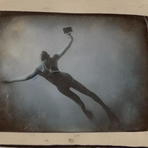 Image similar to tintype photo, swimming deep underwater, alien