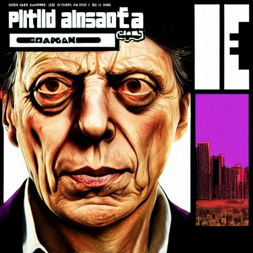 Prompt: Philip Glass on GTA V cover art