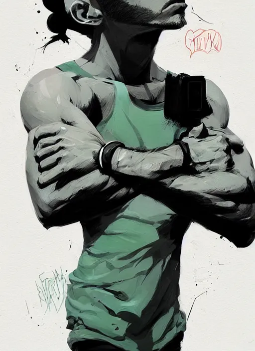 Image similar to highly detailed closeup portrait of very serious staring shia lebouf, flexing arms by atey ghailan, by greg rutkowski, by greg tocchini, by james gilleard, by joe fenton, by kaethe butcher, gradient green, black and white color scheme, grunge aesthetic!!! ( ( graffiti tag wall background ) )