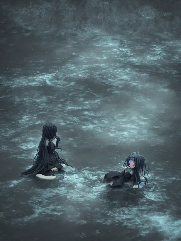 Image similar to cute fumo plush of a cursed frail witch girl sinking deep into an inky black reflective pond of blackness swirling with strange energetic fluid, melting volumetric smoke and fog, environment map pbr reflective water, goth, vignette, vray