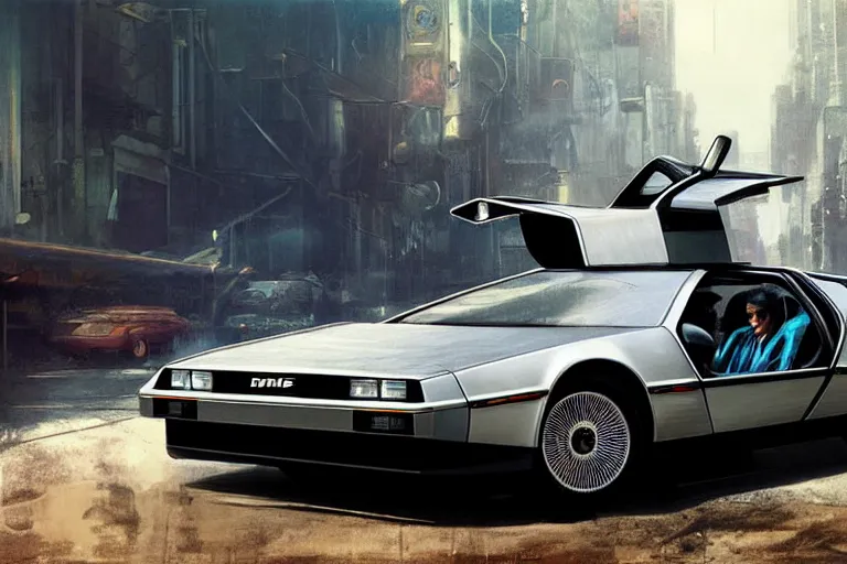 Image similar to photograph of the delorean, with a sleek spoiler, driving down the streets of a cyberpunk abandoned city, by greg rutkowski, by stanley artgerm, by alphonse mucha