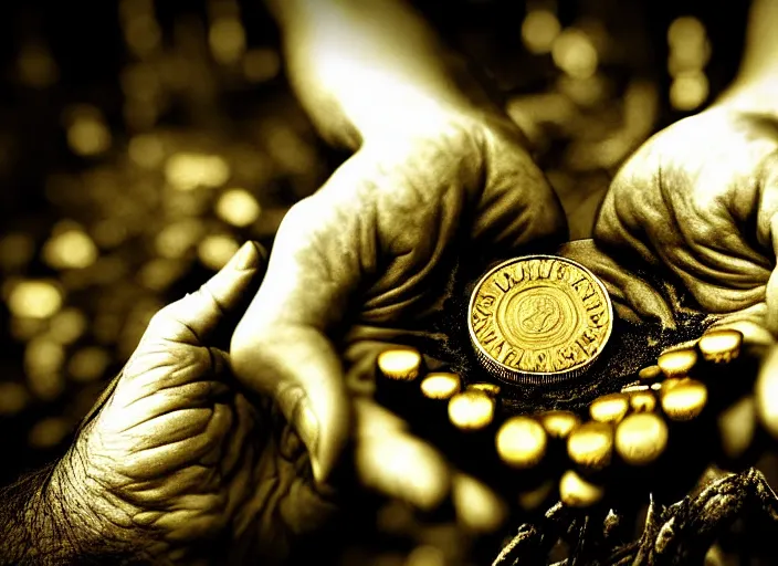 Image similar to old retro burnt out sepia photograph with scratches of an old and wrinkled hand holding a few golden coins with royal engravings. magical forest in the background with bokeh. Antique. High quality 8k. Intricate. Sony a7r iv 35mm. Award winning. Zdzislaw beksinski style