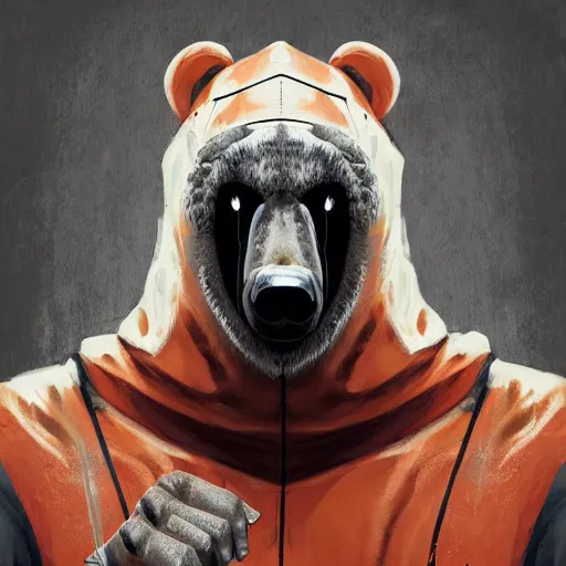 Image similar to portrait of full body bear beast-man wearing a hazmat suit, digital art, concept art, highly detailed, sharp focus