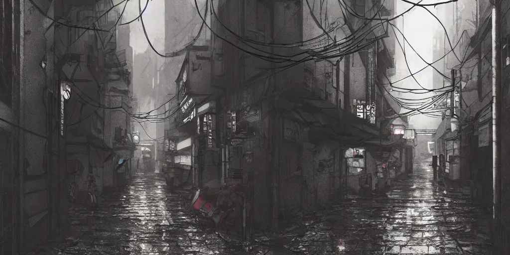 Image similar to Cyberpunk back alley on a rainy day in Japan, low angle view, detailed matte painting, cinematic, Moebius, Artstation