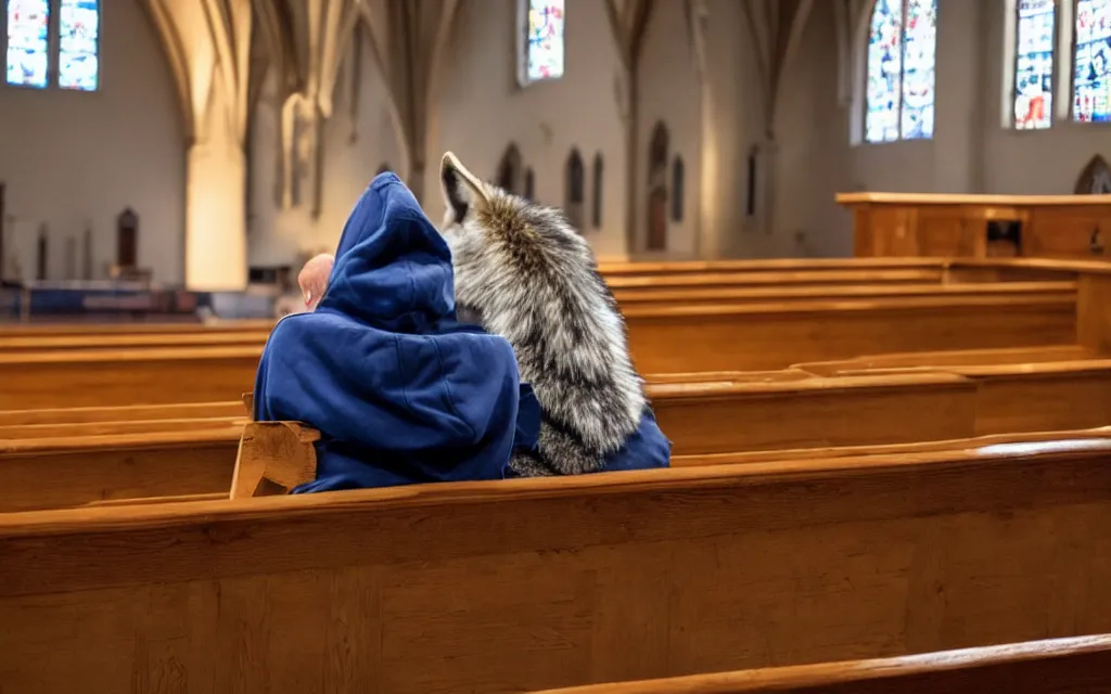 Image similar to wolf dressed in hoody staying in church and prays