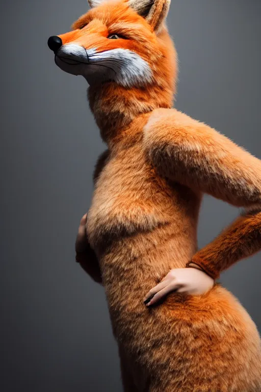 Image similar to photo of a woman in a realistic fox fursuit body, with her head exposed, in a photo studio, studio photography
