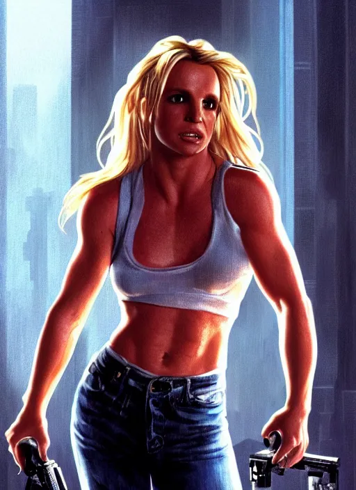 Image similar to A film still of Britney Spears as John Mcclane in die hard, highly detailed, digital painting, artstation, concept art, sharp focus, illustration, cinematic lighting, art by artgerm and greg rutkowski and alphonse mucha diffuse lighting, fantasy, intricate, elegant, highly detailed, lifelike, photorealistic, digital painting, artstation, illustration, concept art, smooth, sharp focus, art by John Collier and Albert Aublet and Krenz Cushart and Artem Demura and Alphonse Mucha