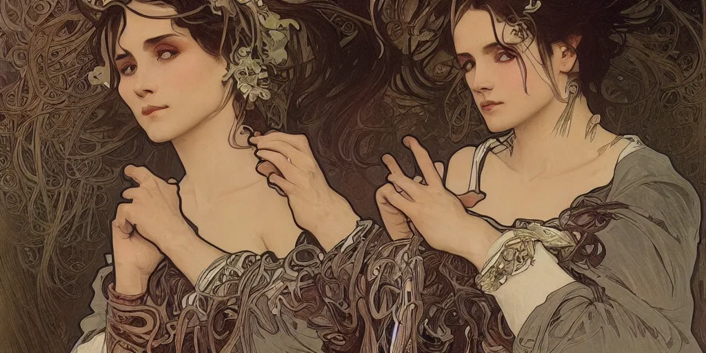 Image similar to many hands by alphonse mucha, gnarled fingers, intense drow black skin, intense black eyes, intense white hair, intense lighting, light beams, lens flare, intricate, elegant, highly detailed, digital painting, artstation, concept art, smooth, sharp focus, illustration, art by artgerm and greg rutkowski and alphonse mucha