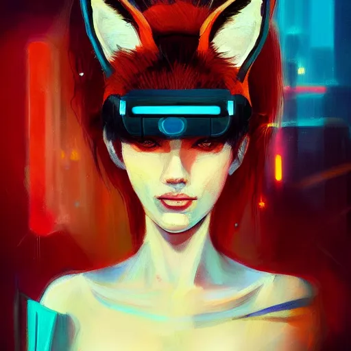 Image similar to a painting of a woman with a fox on her head, cyberpunk art by Sam Spratt, featured on Artstation, furry art, darksynth, artstation hd, 2d game art