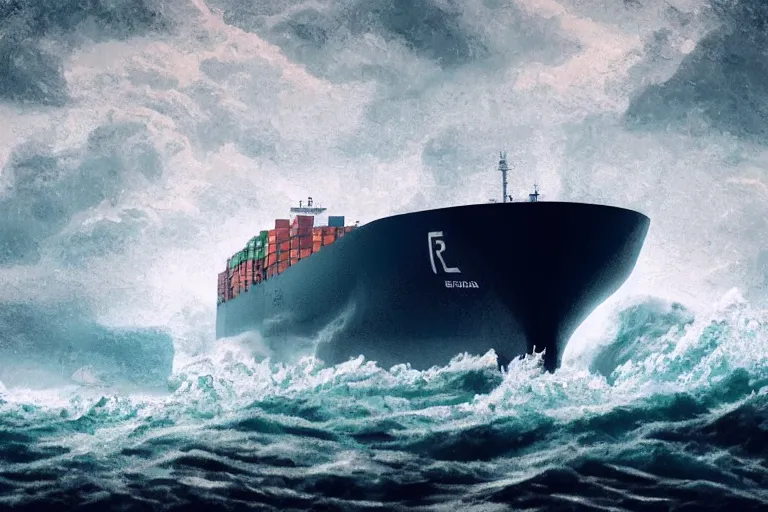 Prompt: container ship in a storm, in the style of vernon grant and chris van allsburg, raging stormy sea, trending on artstation, bright tilt - shift camcorder effect, photoshop, retrowave, hyperrealism, octane, sharp focus, masterpiece