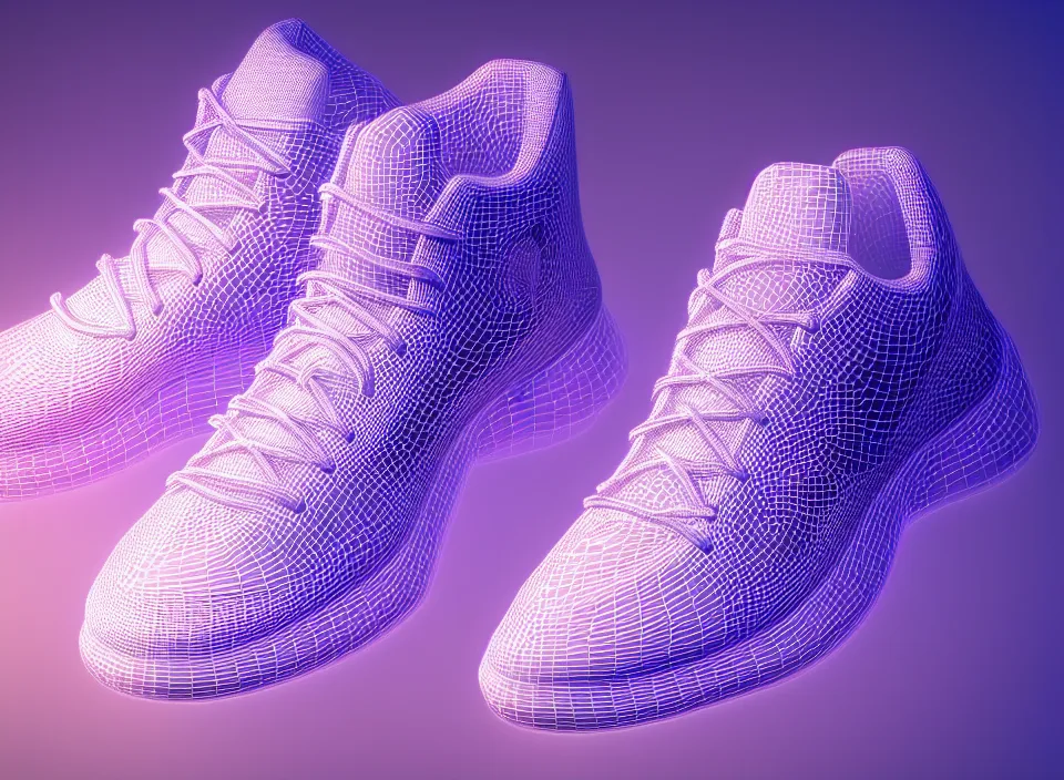 Prompt: realistic 3 d render of a futuristic sneaker, beautiful studio lighting, soft, sharp focus, neon glowing lines, intricate detail, purple and blue leather, soft white rubber, shiny plastic, hexagon mesh, gold filigree, octane render, side view, close up, trending on artstation, deviantart, nike, asics, adidas