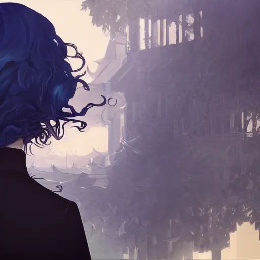 Image similar to low - angle shot from behind of a long blue - haired girl in a tailcoat overlooking noxus, noir, screenshot, sharp focus, intricate, illustration, cell shaded, digital painting, highly detailed, art by ilya kuvshinov, wlop, greg rutkowski, studio quality, james jean